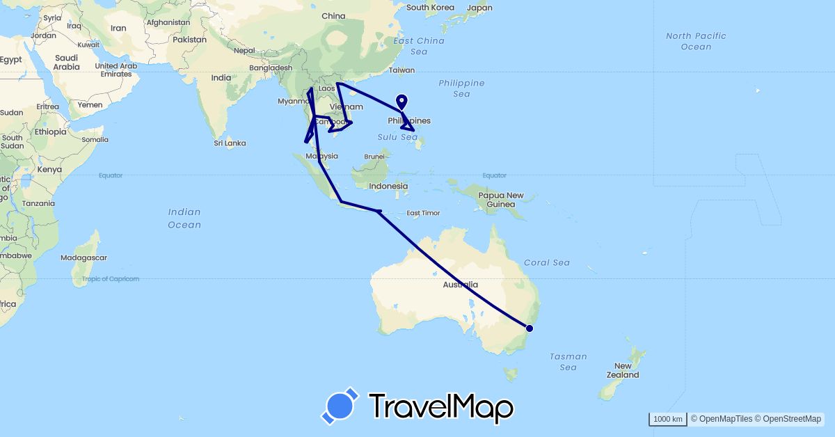 TravelMap itinerary: driving in Australia, Indonesia, Cambodia, Malaysia, Philippines, Thailand, Vietnam (Asia, Oceania)