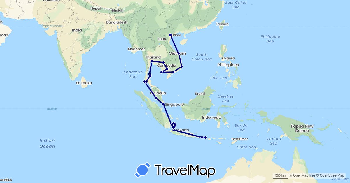 TravelMap itinerary: driving in Indonesia, Cambodia, Malaysia, Singapore, Thailand, Vietnam (Asia)