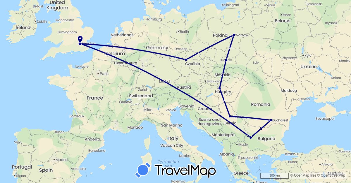 TravelMap itinerary: driving in Bulgaria, Czech Republic, United Kingdom, Hungary, Poland, Romania, Serbia (Europe)
