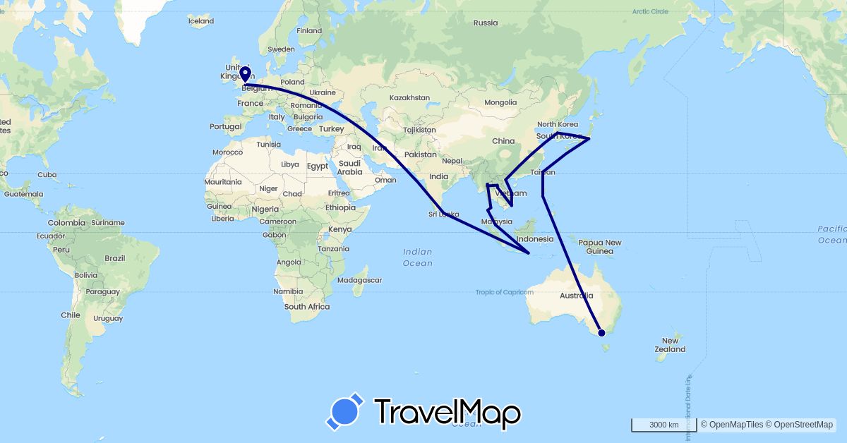 TravelMap itinerary: driving in Australia, United Kingdom, Indonesia, Japan, South Korea, Laos, Sri Lanka, Malaysia, Philippines, Thailand, Taiwan, Vietnam (Asia, Europe, Oceania)