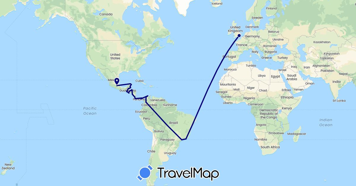 TravelMap itinerary: driving in Brazil, Belize, Colombia, Costa Rica, United Kingdom, Guatemala, Honduras, Mexico, Nicaragua, Panama, El Salvador (Europe, North America, South America)
